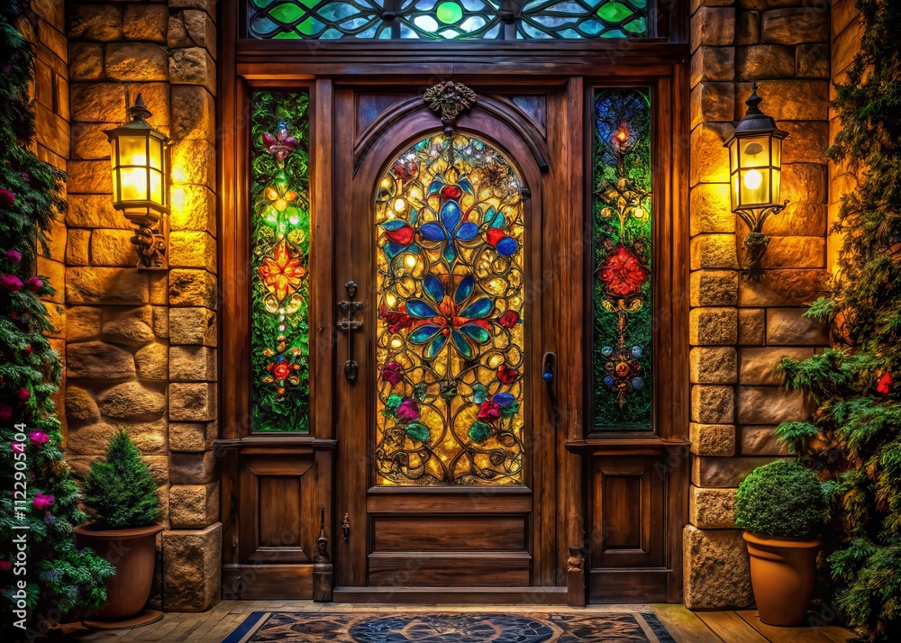 Obraz premium Captivating Night Photography of a Colourful Stained Glass Wooden Door in a Traditional Setting, Illuminated by Soft Lights, Highlighting Intricate Designs and Vibrant Colors