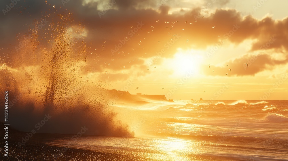 Obraz premium Dramatic sunset over crashing waves on a black sand beach.