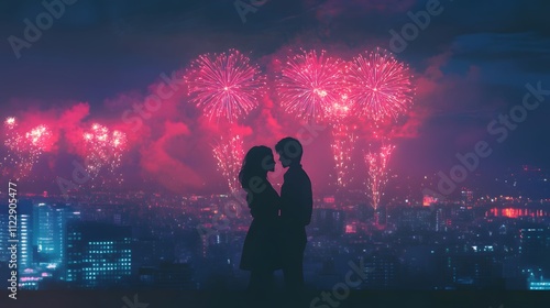 Silhouetted couple embracing under vibrant firework display with glowing cityscape background during nighttime