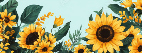 A vibrant floral design of sunflowers and marigolds in golden yellow, paired with deep green leaves photo