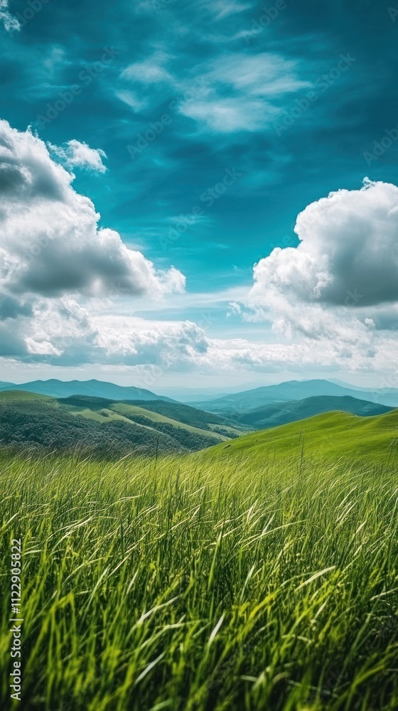Obraz premium A serene landscape featuring rolling green hills under a bright blue sky with fluffy clouds.