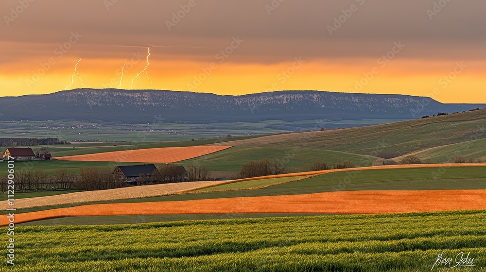 Obraz premium Dramatic sunset over rolling hills with colorful fields and storm clouds.