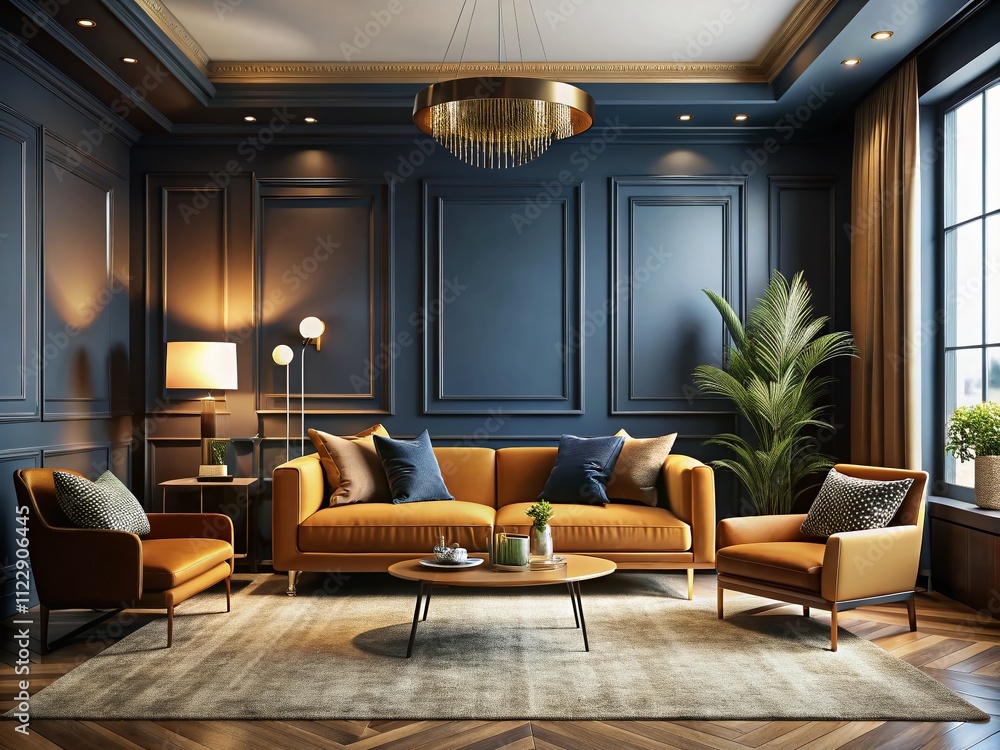 Fototapeta premium Elegant Living Room Lounge with Navy Blue and Mustard Yellow Accents, Featuring Blank Wall and Ocher Sofa in a Stylish Reception Space with Golden Touches and Plaster Texture