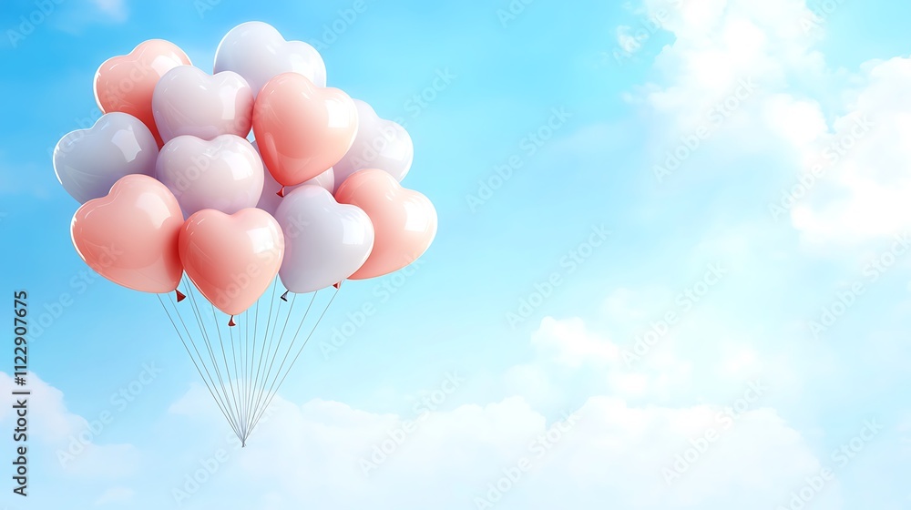Fototapeta premium Colorful heart-shaped balloons floating against a blue sky celebration outdoor joyful concept