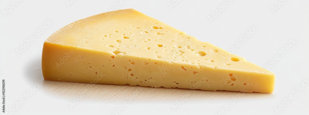 Fototapeta premium A wedge of aged gouda cheese with a crumbly texture, resting on a light wooden board