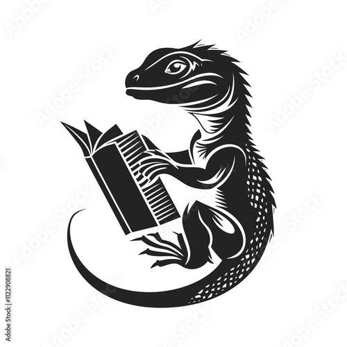 lizard reading silhouette vector illustration