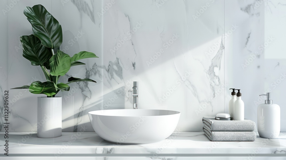 Fototapeta premium Elegant white bathroom interior with marble countertop with copy space and bathroom appliances product. 