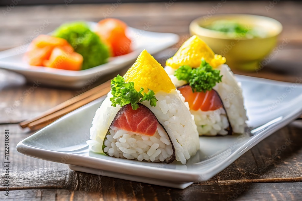 Elegant Presentation of Two Triangle Sushi Made with Yellow and White Rice, Highlighting Culinary Artistry and Fresh Ingredients for Food Photography Elegant Presentation of Two Triangle Sushi Made with Yellow and White Rice, Highlighting Culinary Artistry and Fresh Ingredients for Food Photography