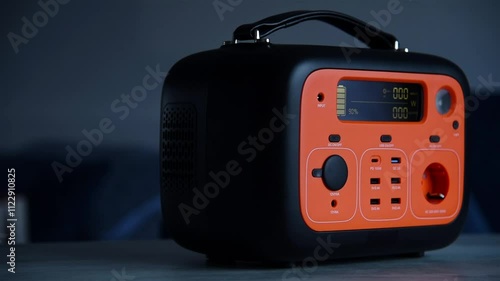 Close-up of a portable power station with cables connected, bright orange panel, on a table indoors, concept of backup energy. Slow Motion Effect. photo