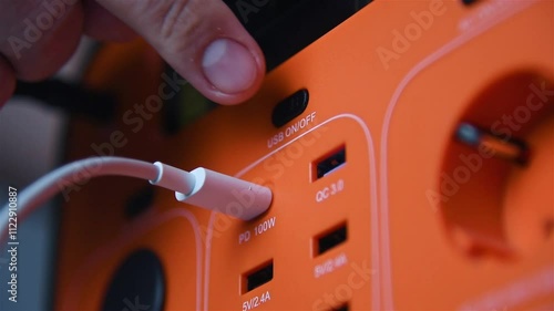 Hand connects a white USB Type-C cable into an charging station, preparing to charge, concept of backup energy. Slow Motion Effect.