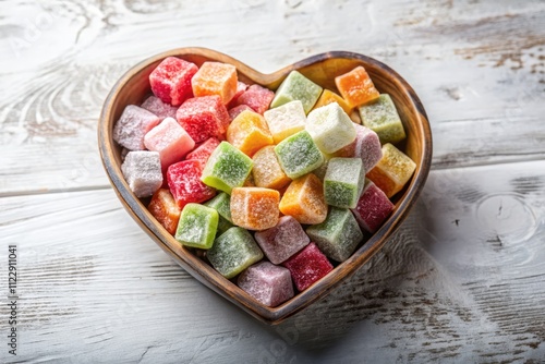 Colorful Turkish Delights in a Heart-Shaped Bowl on a White Background - A Beautiful Display of Sweet Treats Showcasing Rich Textures and Vibrant Colors Perfect for Food Photography