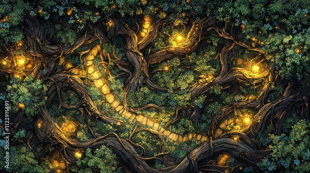 Obraz premium Enchanted Forest Pathway Illuminated by Glowing Lights Amidst Shadowy Vines and Twists of Ancient Trees