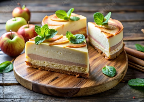 Wallpaper Mural Delicious Apple Mousse Cake Cut in Half, Showcasing Creamy Layers and Fresh Apple Slices, Perfect for Dessert Lovers and Culinary Photography Enthusiasts Torontodigital.ca