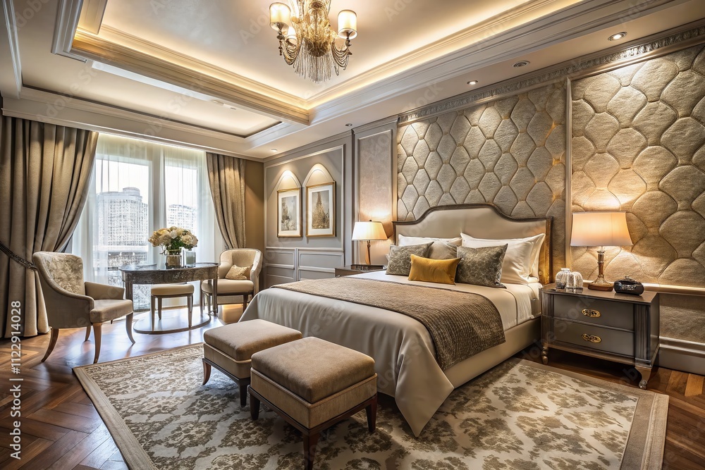 Fototapeta premium Elegant taupe wallpaper design for upscale hotels, showcasing refined textures and patterns for a sophisticated ambiance in luxury interiors.