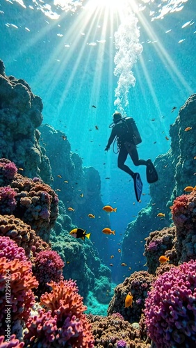 Scuba diving driver underwater among colorful corals and fish, sunlight passes through the blue depths of the water