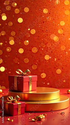 A festive golden podium for goods, with gift boxes on the sides, on a bright red background with a bokeh effect. Mockup advertising vertical banner.