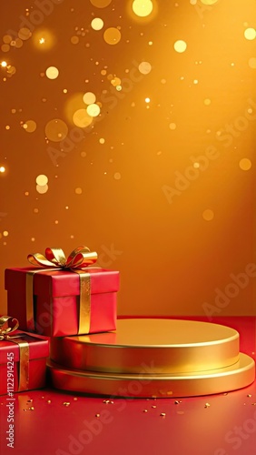 A festive golden podium for goods, with gift boxes on the sides, on a bright red background with a bokeh effect. Mockup advertising banner.