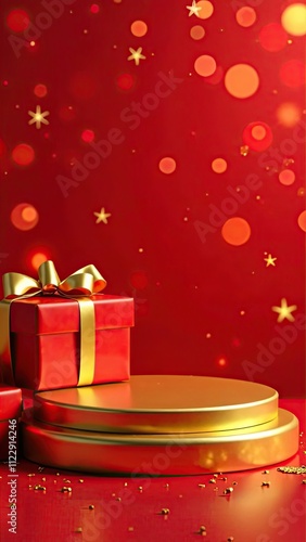 A festive golden podium for goods, with gift boxes on the sides, on a bright red background with a bokeh effect. Mockup advertising vertical banner.