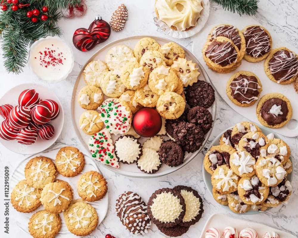 A festive assortment of cookies and treats arranged elegantly on a table, perfect for the holiday season. A festive assortment of cookies and treats arranged elegantly on a table, perfect for the holiday season.