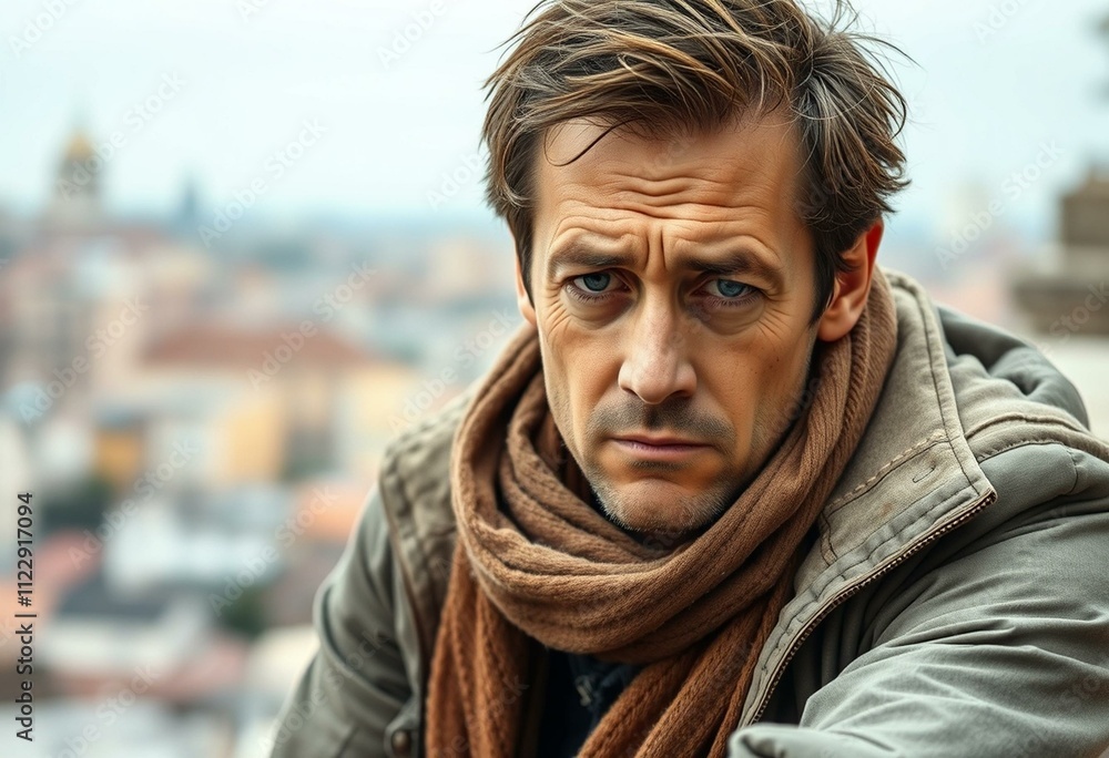Fototapeta premium A portrait of a disappointed man sitting on a stone wall