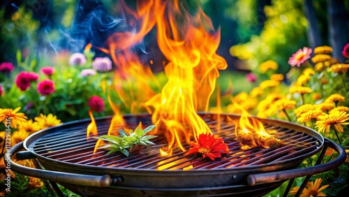 Empty Cast Iron Charcoal Grill with Open Flame Ready for Creative Product Placement in a Unique Double Exposure Photography Style Featuring Smoky Effects and Vibrant Colors photo