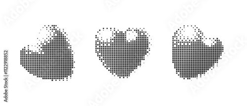 Set of Pixel halftone hearts. Design element of trendy Y2K style with raster pixelation effect. Retro futuristic clipart figur for collage or retro design, 8 bit. Vector illustration.