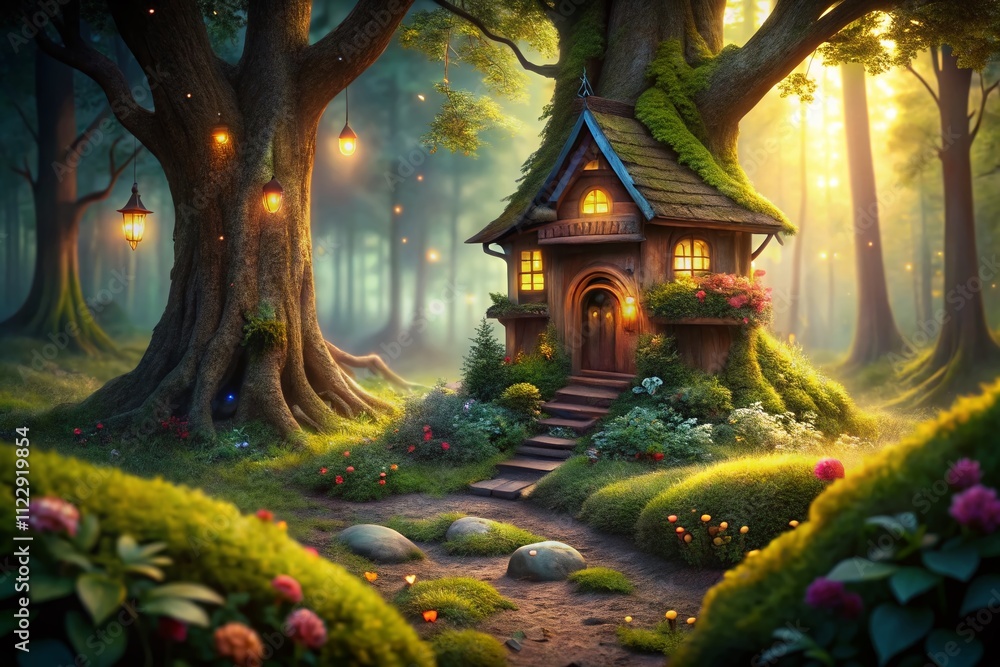 Fototapeta premium Enchanted Miniature Tree House in a Magical Forest, Perfect for Children's Stories, Showcasing Detailed Craftsmanship and Evoking Imagination and Wonder for Happy Childhood Memories