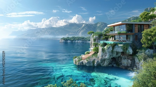 Luxurious oceanfront villa nestled on a cliffside with a breathtaking panoramic view of the crystal clear waters and lush tropical surroundings  The property features an infinity pool