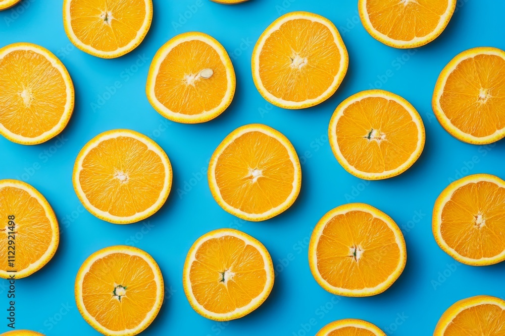 Fototapeta premium Freshly sliced oranges arranged on a vibrant blue background, highlighting their bright color and juicy texture.