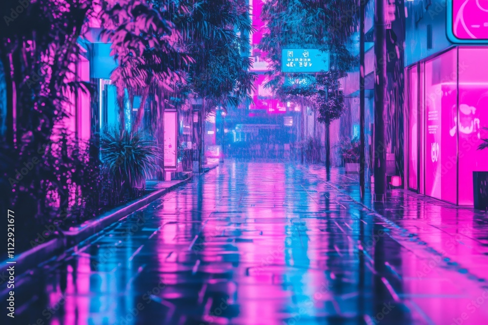 A vibrant urban street scene featuring neon lights reflecting on a wet pavement under a cloudy sky at night. A vibrant urban street scene featuring neon lights reflecting on a wet pavement under a cloudy sky at night.