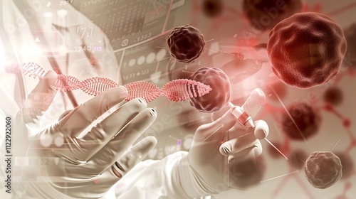 Dedicated scientist analyzing DNA sequences on advanced digital display for groundbreaking cancer research. Innovative laboratory equipment and detailed medical charts support complex genetic studies 