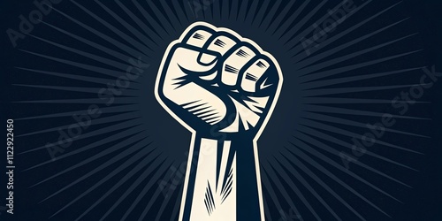 A fist is raised in the air with a black background