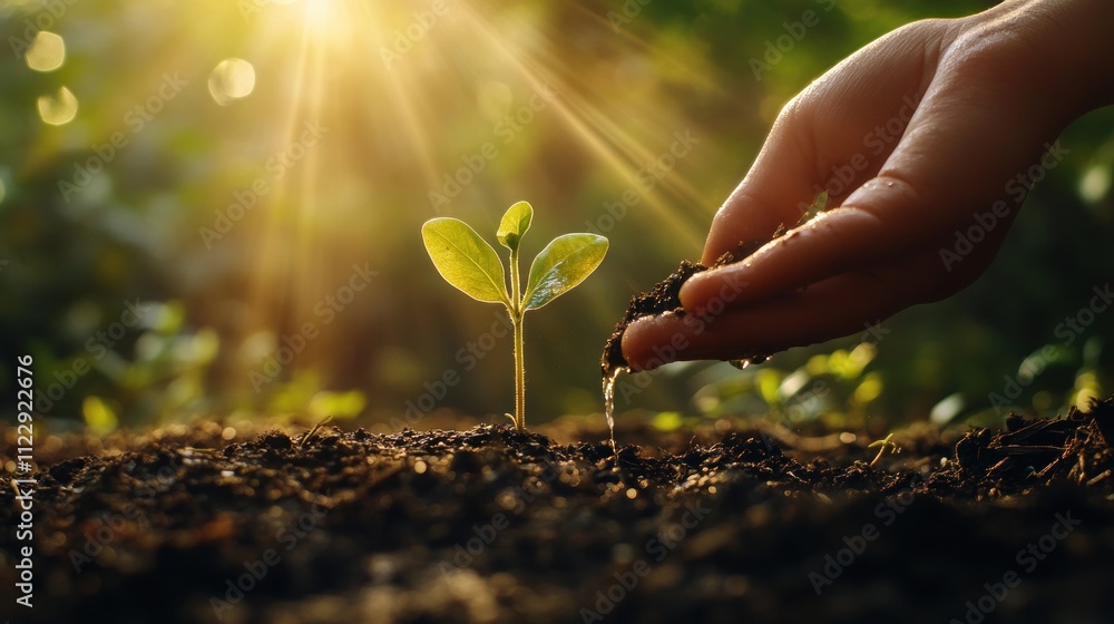 Fototapeta premium Hand-watering a small plant seedling in a garden