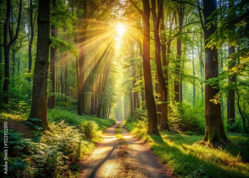 Enchanting Double Exposure of Sunlit Forest and Serene Dirt Path, Capturing Nature’s Tranquility and Warmth in a Dreamy Atmosphere