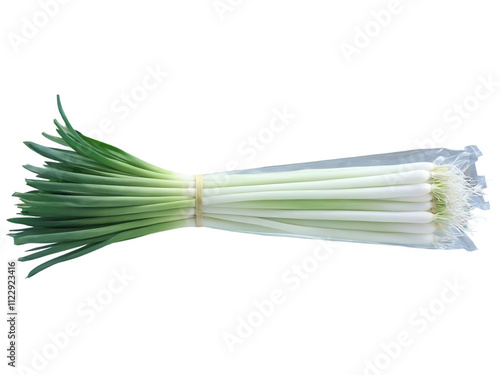 Leeks (Allium ampeloprasum) Fresh leeks packed in clear plastic. The pale green and white stalks with their smooth, slightly fibrous