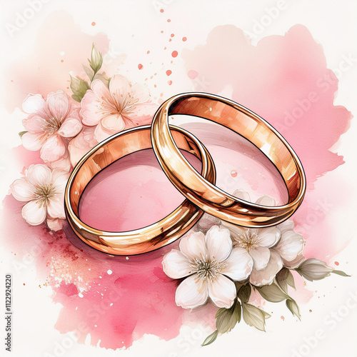 A romantic watercolor illustration featuring rings and flowers, perfect for elegant wedding designs.