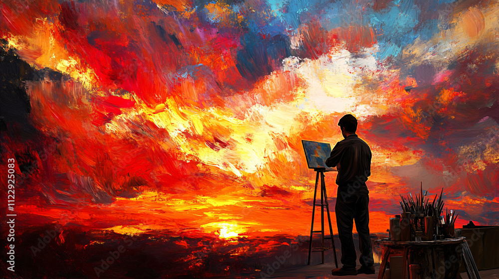 Fototapeta premium An artist painting a vibrant sunset, blending colors to convey the beauty and complexity of their emotions.