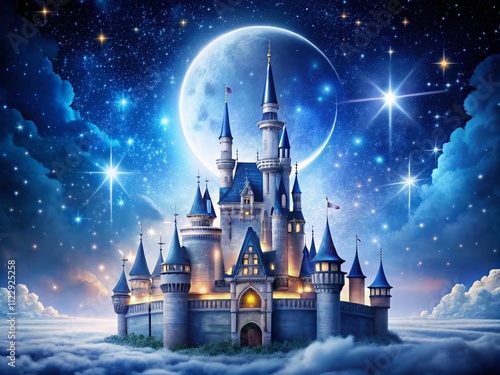 Enchanting Magic Castle Design with Starry Sky, Moon, and Fantasy Elements for a Unique Logo Template Illustrating a Dreamy World of Imagination