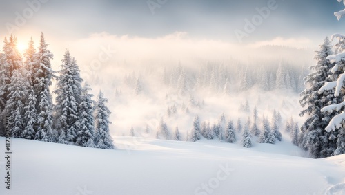 Wallpaper Mural A snowy landscape with space to copy, evergreen trees in the snow, gentle snowfall, conveying the essence of winter silence. Torontodigital.ca