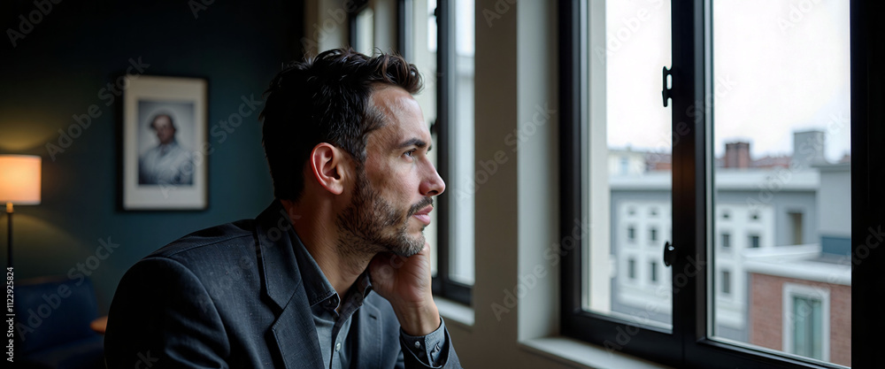 Fototapeta premium A man in a suit is sitting in front of a window, looking out at the city