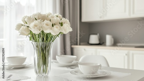 Fototapeta Naklejka Na Ścianę i Meble -  Elegant white roses in a vase on a dining table in a modern kitchen.