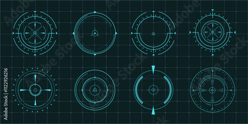 Hud aim pointer optical target, Futuristic focus range indicators, laser crosshair collimator sight. Measurement sniper for sniper gun. Game interface design ui element