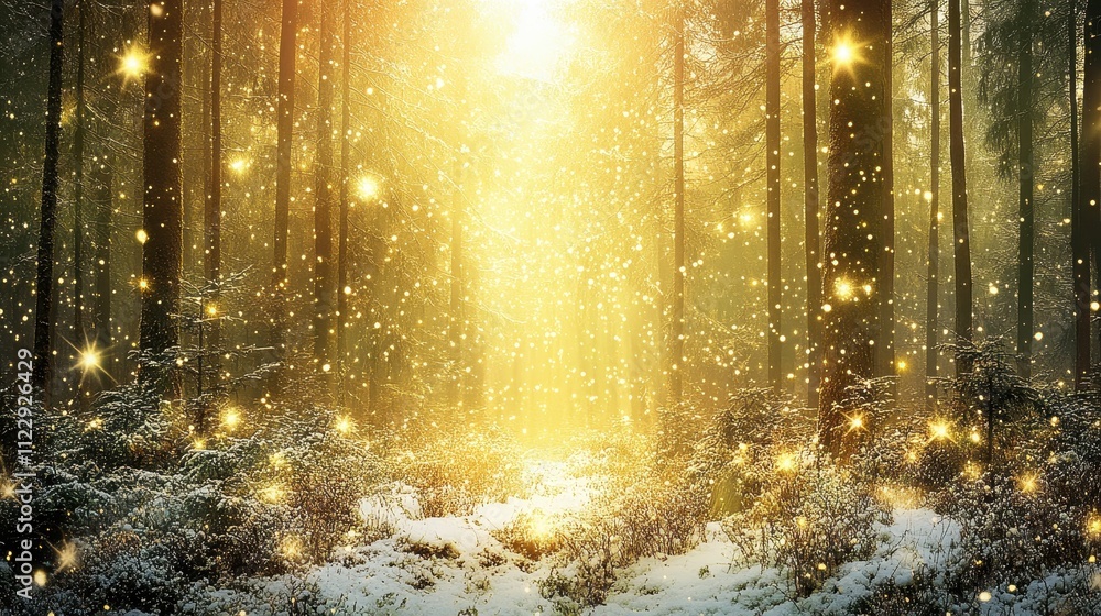 Magical winter forest bathed in golden light, covered in snow and sparkling with fairy lights. Magical winter forest bathed in golden light, covered in snow and sparkling with fairy lights.