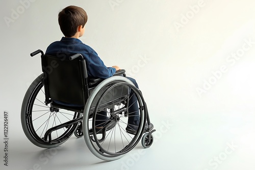 Person in wheelchair against a white background with copy space for text, disabilities awareness concept