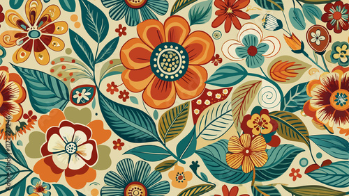 Vibrant Retro Vintage Floral Pattern Design, seamless pattern