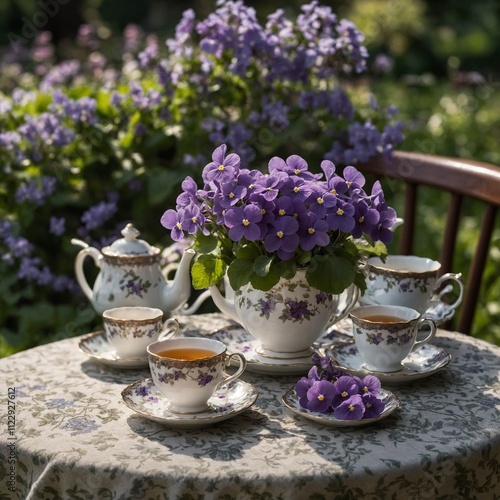 A delicate bouquet of violets on a tea table set for afternoon tea in an English garden.