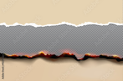 Burn and torn craft paper border, brown burnt page with smoldering fire on charred edge, damaged torn parchment sheet in on transparent background Realistic 3d vector