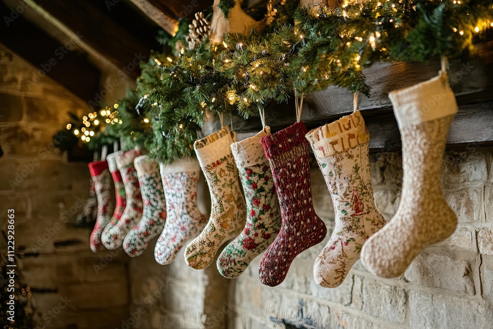 Fototapeta premium A row of Christmas stockings hung on a rustic mantelpiece with garlands and fairy lights draped above