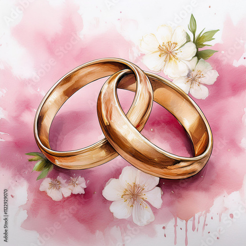 A romantic watercolor illustration featuring rings and flowers, perfect for wedding invitations and branding.