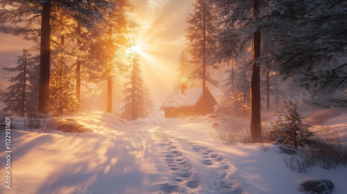 Sonnendurchfluteter Winterwald bei Sonnenaufgang